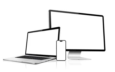 Computer, laptop, phone. Flat lay detailed and realistic devices mockup イラスト素材