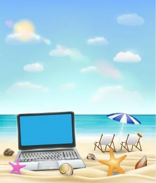 Computer laptop on a sand beach with beach chair and bright sea background Stock Illustration