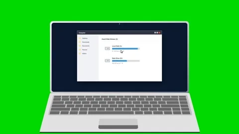 Computer laptop screen showing full disk space on green background. 4K Stock Footage 341694549