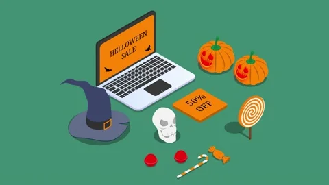 Computer laptop screen showing Halloween sale text Video stock 160099201