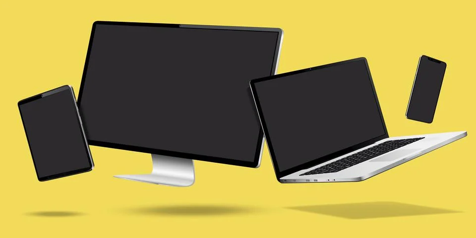 Computer, laptop, smartphone and tablet while levitating in the air on a yell 库存插图