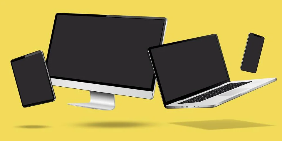 Computer, laptop, smartphone and tablet while levitating in the air on a yell Stock Illustration