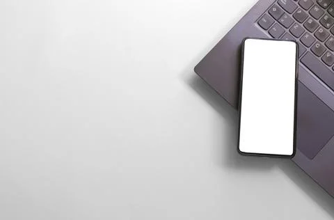 Computer, laptop, smartphone isolated screen on white background workspace Stock Photos