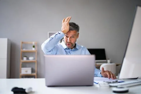 Computer Laptop Surprise At Workplace Stock Photos