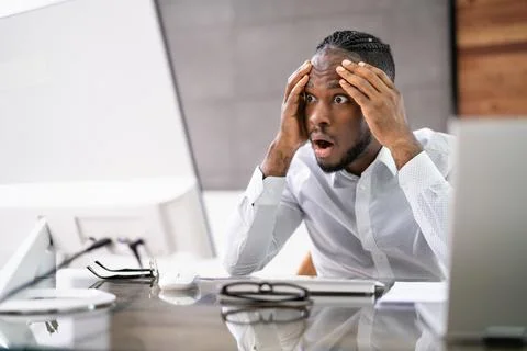 Computer Laptop Surprise At Workplace Stock Photos