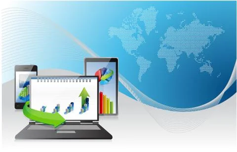 Computer, laptop tablet and phone. business graphs Stock Illustration