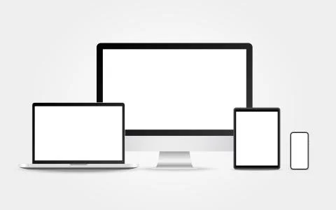 Computer, laptop, tablet and phone. Realistic mockup isolated on white Stock Illustration