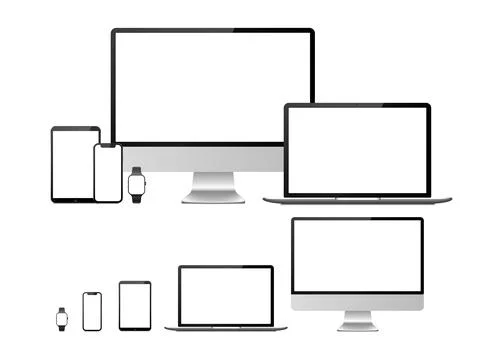 Computer, laptop, tablet, smartphone and smart watch device with blank whit.. Illustrazione stock