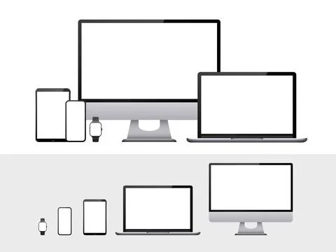Computer, laptop, tablet, smartphone and smart watch device with blank whit.. Illustrazione stock
