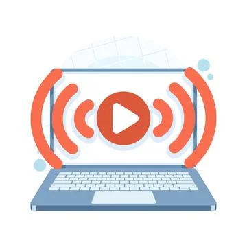 Computer laptop with video play icon on screen, symbolizing live streaming. Stock Illustration