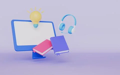 Computer with light bulb and headphones, Online creative education Stock Illustration