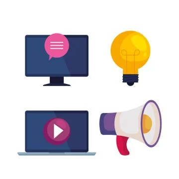 Computer light bulb laptop and megaphone vector design Illustrazione stock