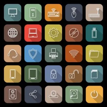 Computer line flat icons with long shadow Illustrazione stock