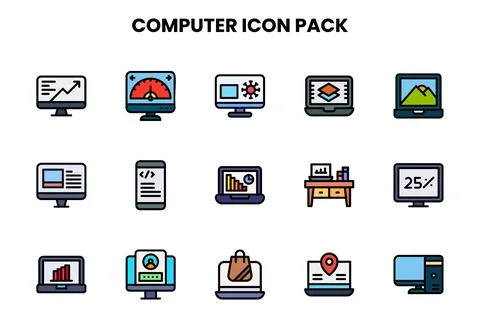 Computer Lineal Color Graphics Icons Pack Stock Illustration