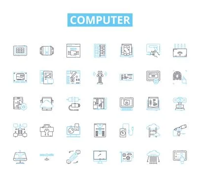 Computer linear icons set. Keyboard, Screen, Mouse, Software, Hardware Stock Illustration