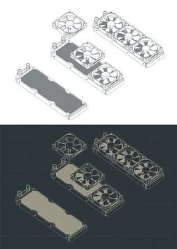 Computer liquid cooling system isometric blueprints Stock Illustration
