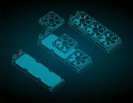 Computer liquid cooling system isometric blueprints Stock Illustration