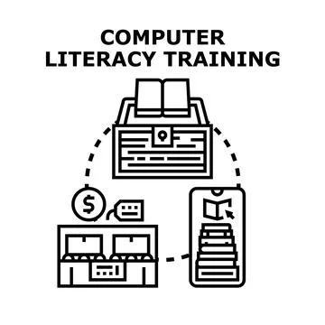 Computer literacy training acquiring digital knowledge skills Stock Illustration