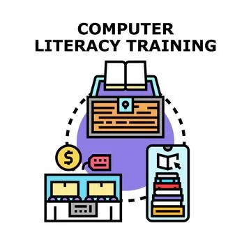 Computer literacy training acquiring digital knowledge skills Stock Illustration