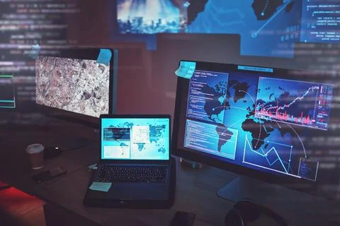 Computer, location hacking and cybersecurity, hologram screen with software for Stock Photos