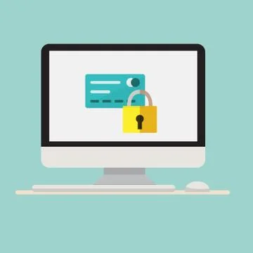 Computer with lock and credit card icon on screen vector Stock Illustration