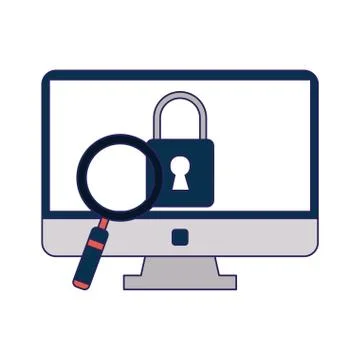 Computer locked with magnifying glass Stock Illustration