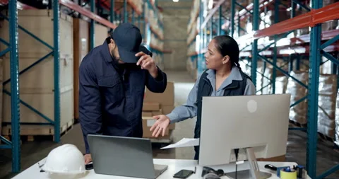 Computer, logistics and mistake with people in warehouse for distribution Stock Footage 335935605