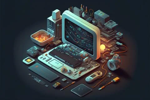 A computer with a lot of electronics around it and a laptop on top of it ci.. Stock Illustration