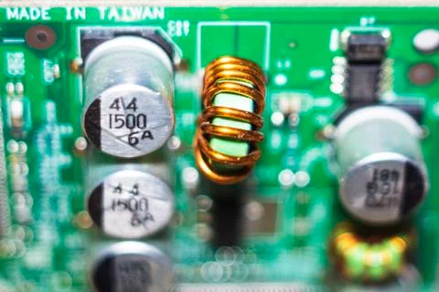 Computer in macro. Various details of computer components in closeup. Stock Photos