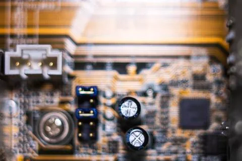 Computer in macro. Various details of computer components in closeup. Stock Photos