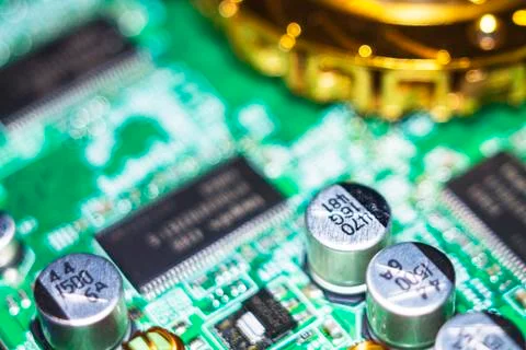 Computer in macro. Various details of computer components in closeup. Stock Photos