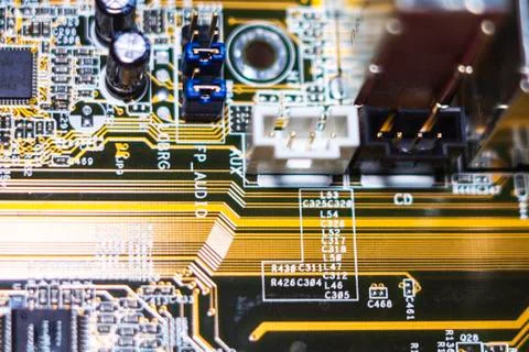 Computer in macro. Various details of computer components in closeup. Foto stock