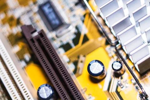 Computer in macro. Various details of computer components in closeup. Stock Photos