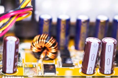 Computer in macro. Various details of computer components in closeup. Stock Photos