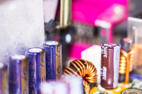 Computer in macro. Various details of computer components in closeup. Stock Photos