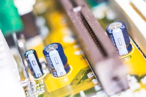 Computer in macro. Various details of computer components in closeup. Stock Photos