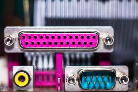 Computer in macro. Various details of computer components in closeup. Stock Photos