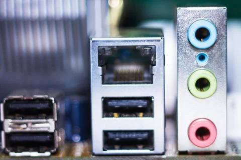 Computer in macro. Various details of computer components in closeup. Stock Photos