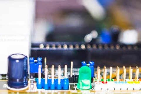 Computer in macro. Various details of computer components in closeup. Stock Photos