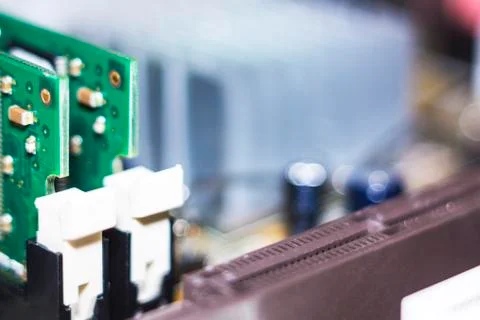 Computer in macro. Various details of computer components in closeup. Stock Photos