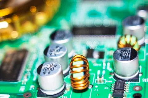 Computer in macro. Various details of computer components in closeup. Stock Photos