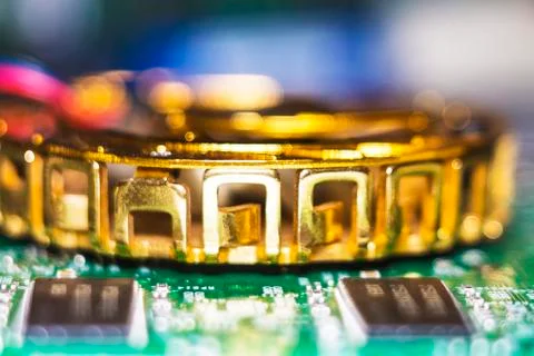 Computer in macro. Various details of computer components in closeup. Stock Photos