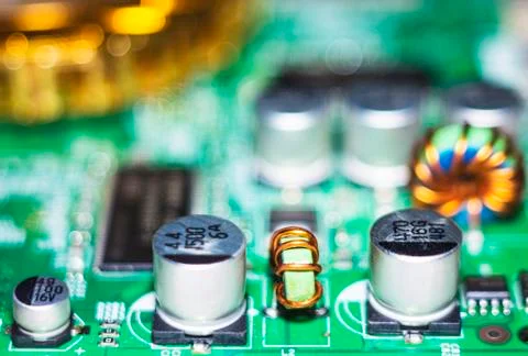 Computer in macro. Various details of computer components in closeup. Stock Photos