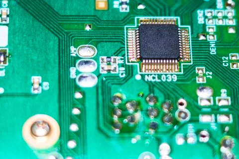 Computer in macro. Various details of computer components in closeup. Stock Photos