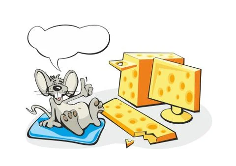 Computer is made of cheese and mouse lay on the mat and shows paw Like. Illustration