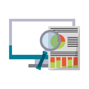 Computer with magnifying glass and document Illustrazione stock