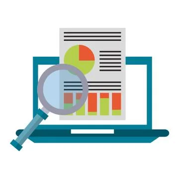 Computer with magnifying glass and document Stock Illustration