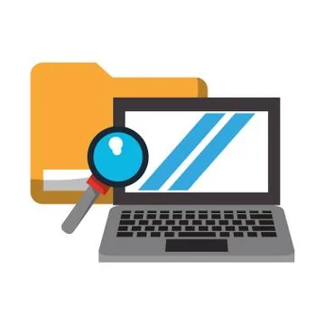 Computer with magnifying glass and document Stock Illustration