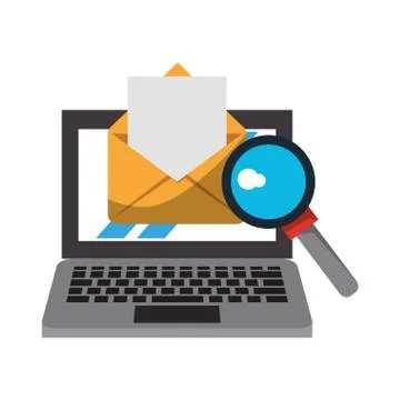 Computer with magnifying glass and document Stock Illustration