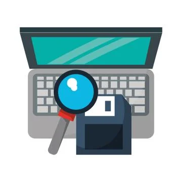 Computer with magnifying glass and document Illustrazione stock
